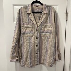 Free People Striped Button Down Shirt Top Long Sleeve S Beige Purple Boho Pocket